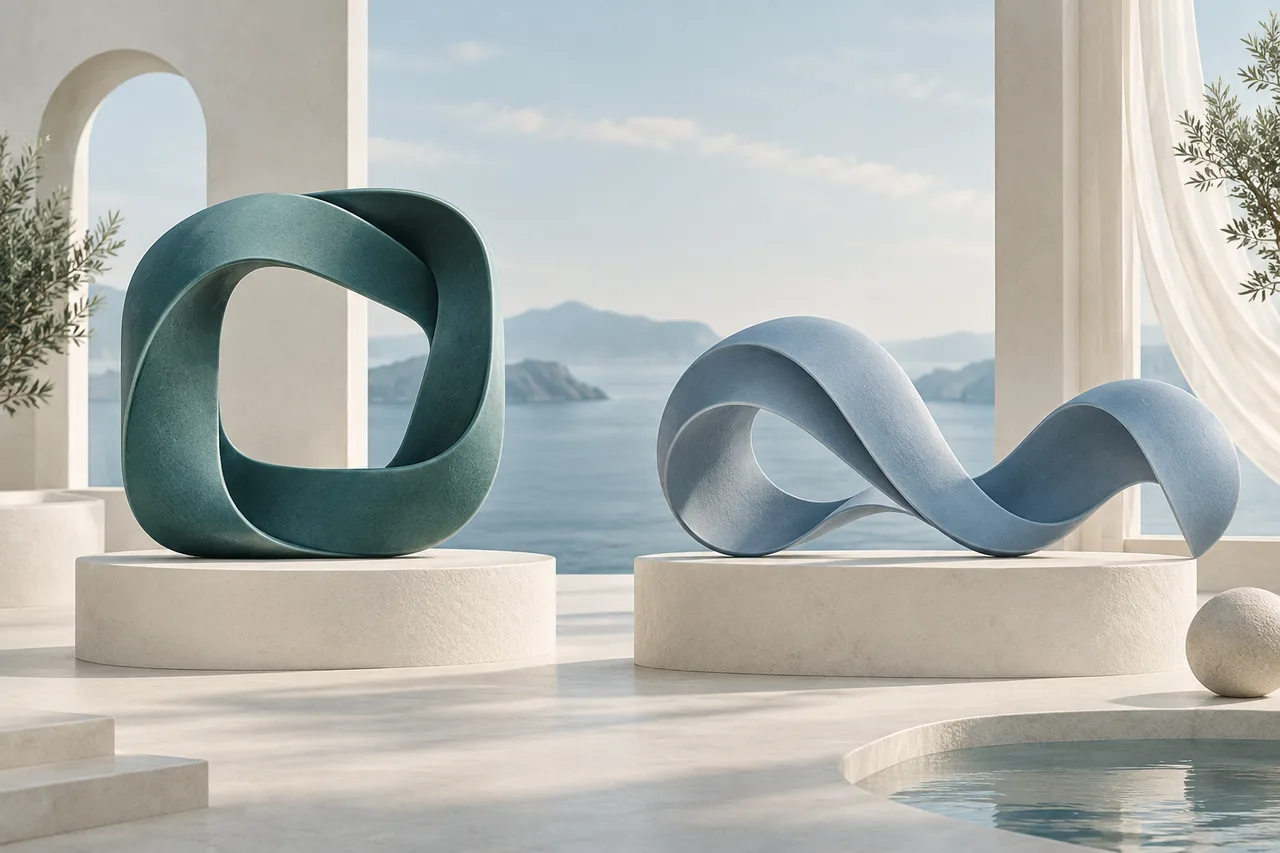 A teal square loop and a blue wave sculpture on separate ivory platforms.