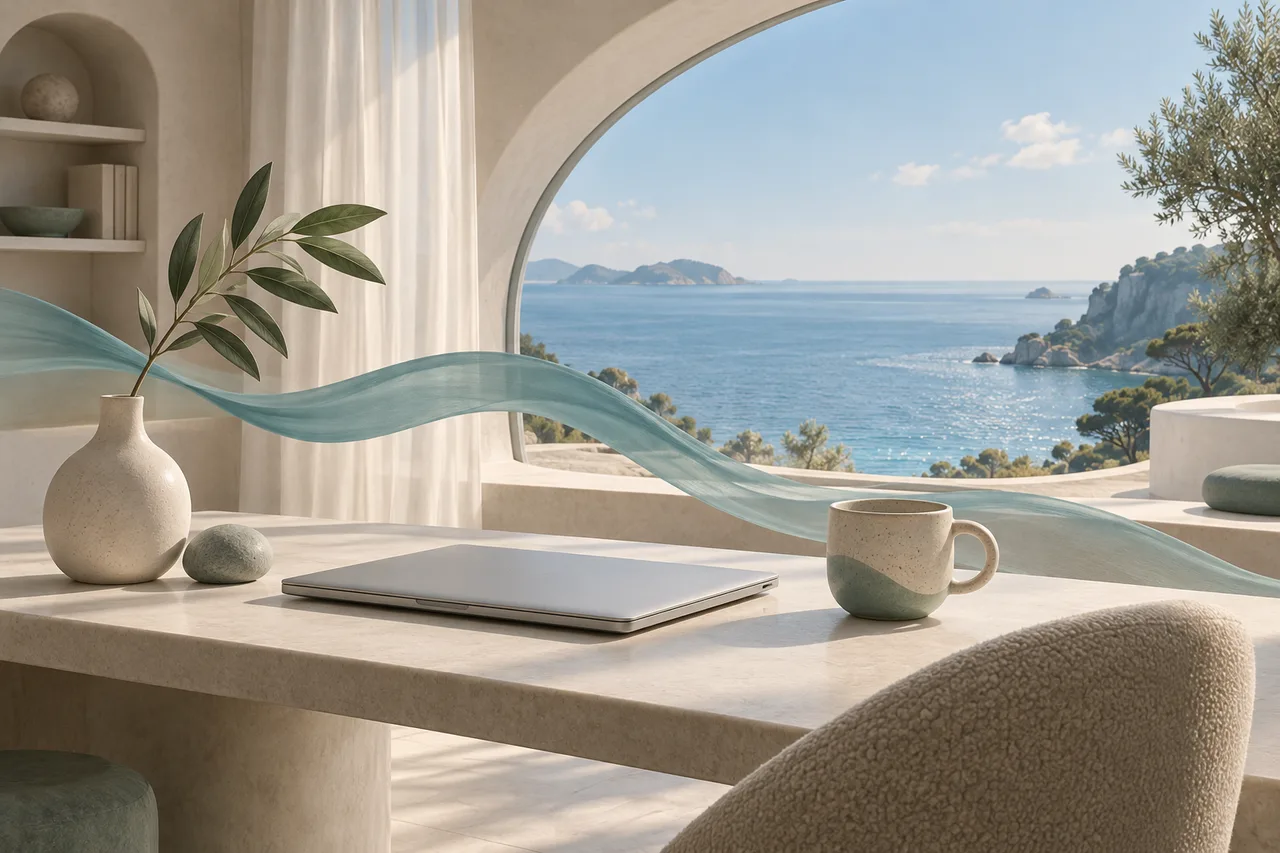 A quiet desk by the sea with a closed laptop and a flowing blue ribbon.