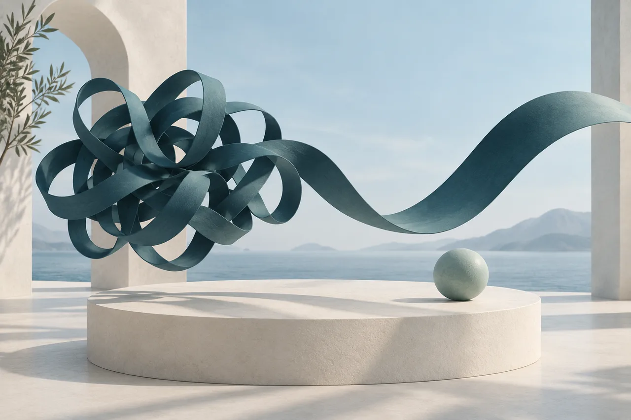 A tangled teal ribbon unfolding into a single curve above an ivory platform.