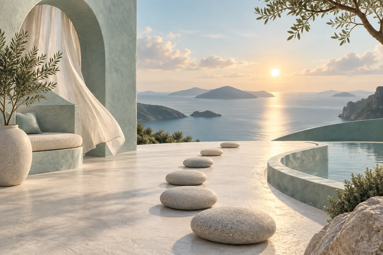 A gentle arc of smooth stepping stones leading toward a sunlit sea.