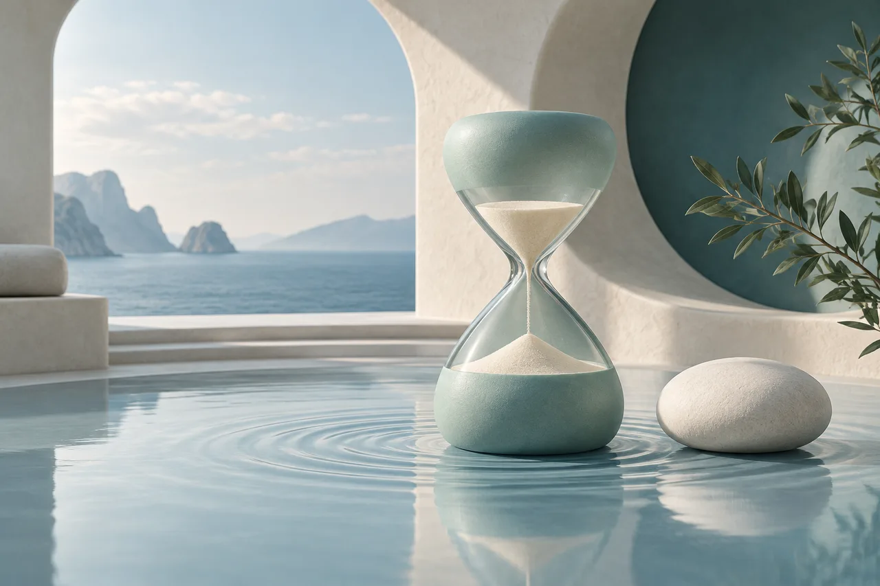 A seafoam hourglass and a smooth stone beside gentle water ripples.